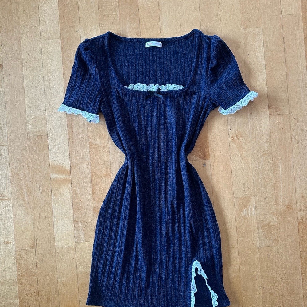 Navy Blue Ribbed Coquette Lace Trim Dress